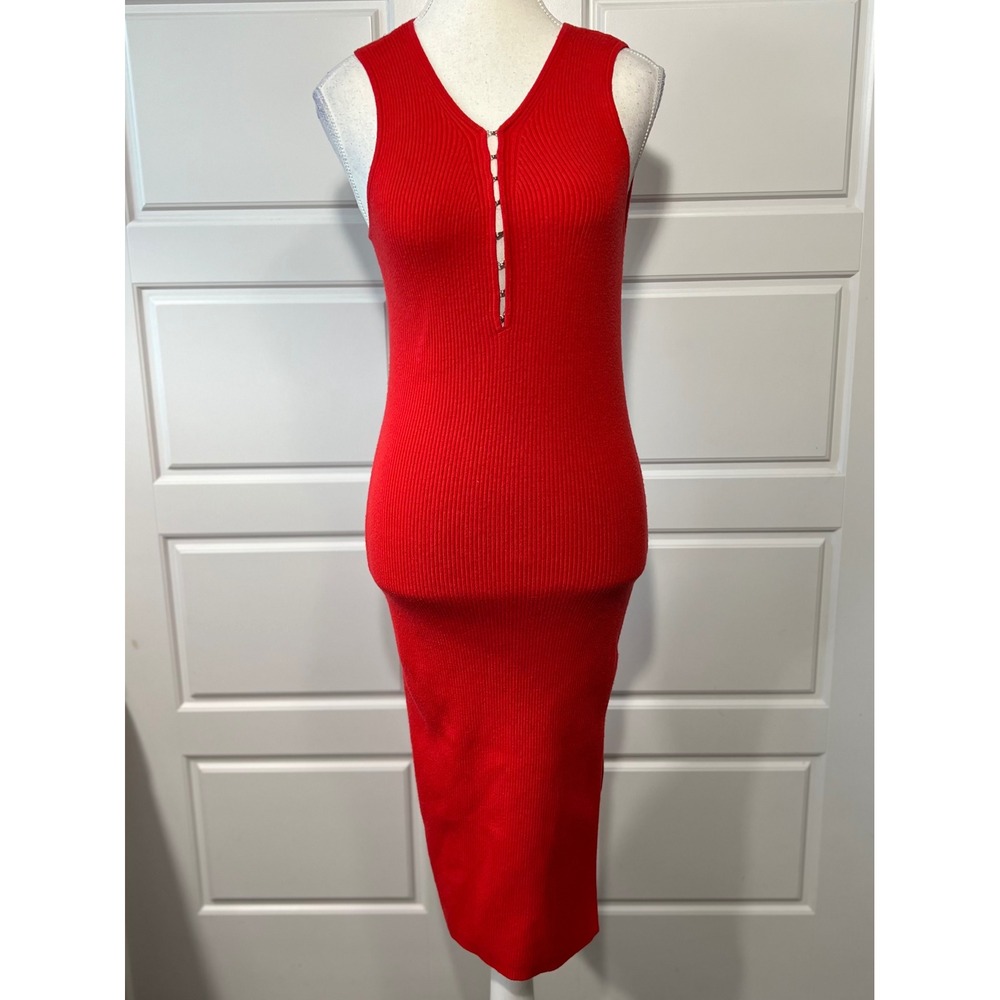 Willow & Wind Red Ribbed V Neck Sleeveless Sweater Midi Dress Hook Detail Size L
